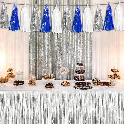 3P Navy Blue White Silver Tassel Banner Garland Metallic Foil Fringe Banner Tinsel Tassels Streamer Banner Backdrop for Parade Floats, 2025 Graduation Decorations, Retirement Party Decorations