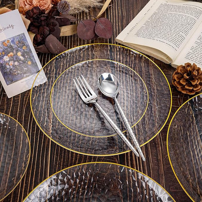 Rubtlamp 180 Pcs Silver Plastic Silverware - Hammered Disposable Silverware - Heavy Duty Plastic Forks And Spoons - Silver Plastic Cultery Include 60 Forks, 60 Knives And 60 Spoons for Wedding&Party