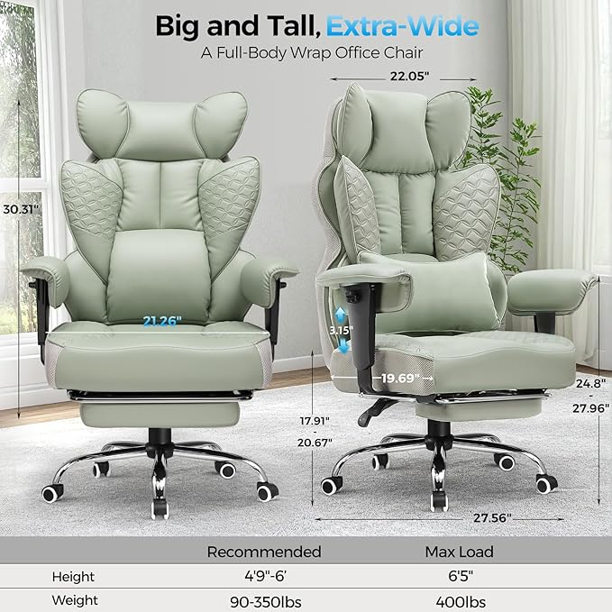 COMHOMA Big and Tall Office Chair Wide Ergonomic Gaming Chair with Deluxe Embossing Designed Leather with Foot Rest,150°Reclining Adjustable Armrests Pocket Spring Back Support and Pillow