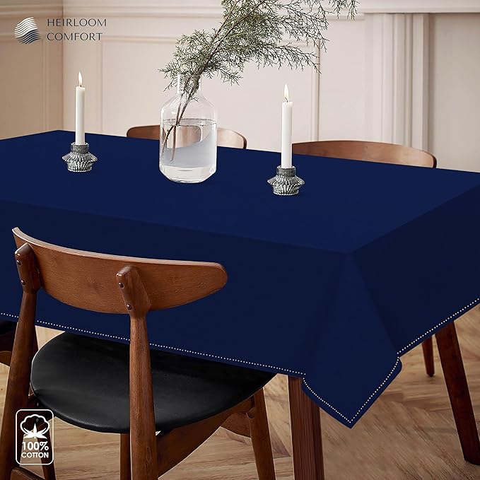 Indigo Blue 100% Cotton Tablecloth, Table Cover 52x70 Inch, Fits 4-6 Seats, Soft, Durable, Washable, Wrinkle Resistant, Rectangle Table Cloth for Dining, Birthdays, Summer Gatherings