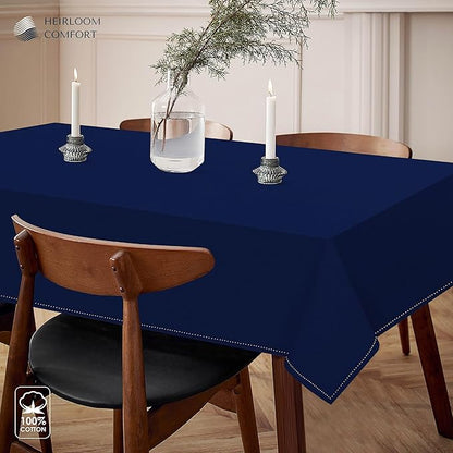 Indigo Blue 100% Cotton Tablecloth, Table Cover 52x70 Inch, Fits 4-6 Seats, Soft, Durable, Washable, Wrinkle Resistant, Rectangle Table Cloth for Dining, Birthdays, Summer Gatherings