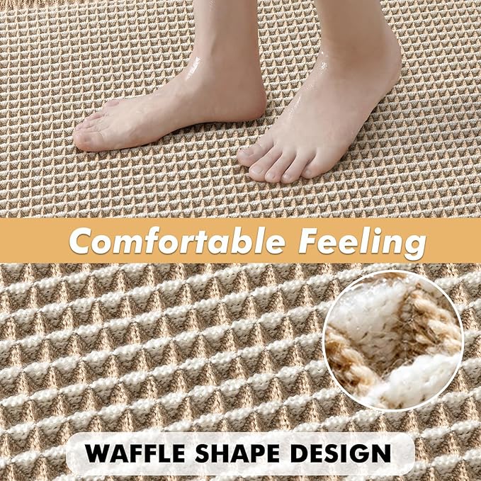 MIULEE Set of 2 Waffle Bathroom Rugs, Boho Bath Rugs Non Slip Washable, Super Absorbent Bath Mats, Ultra Soft Rubber Backed Shower Mats for Bathroom Floor, Tub, Brown & White, 17"x24"+20"x47"