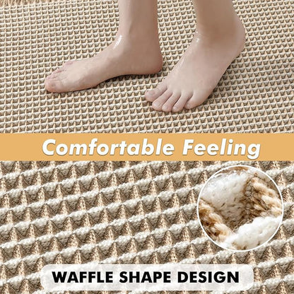 MIULEE Set of 2 Waffle Bathroom Rugs, Boho Bath Rugs Non Slip Washable, Super Absorbent Bath Mats, Ultra Soft Rubber Backed Shower Mats for Bathroom Floor, Tub, Brown & White, 17"x24"+18"x30"