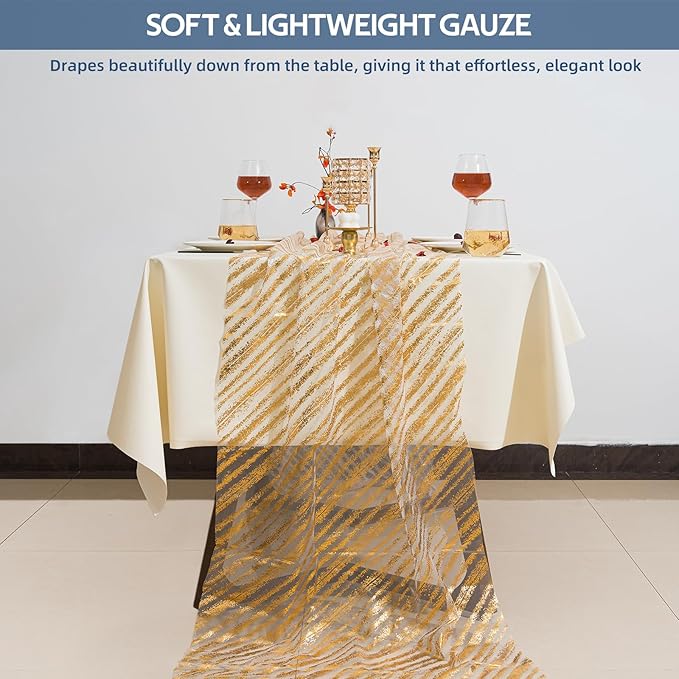 10 Pcs Gold Table Runners, 28In x 10 Ft Sheer Chiffon Tulle Cheesecloth with Glitter Metallic Foil, Golden Sequin Gauze Runner for Wedding, Birthday, Baby Shower, Anniversary Party Decor, Striped