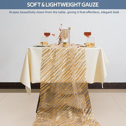 10 Pcs Gold Table Runners, 28In x 10 Ft Sheer Chiffon Tulle Cheesecloth with Glitter Metallic Foil, Golden Sequin Gauze Runner for Wedding, Birthday, Baby Shower, Anniversary Party Decor, Striped
