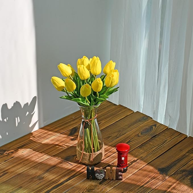 ONLY ART Artificial Yellow Tulips 20 Pcs – 13.5 Inch PU Faux Flowers with Bendable Stems for Home Décor, Wedding Centerpieces, DIY Floral Arrangements, Table Decorations