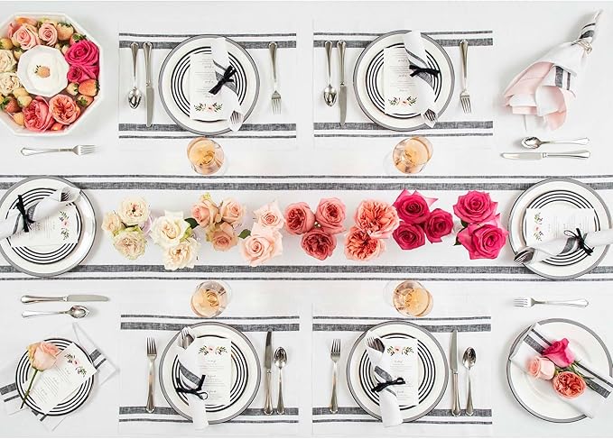 Solino Home Striped Linen Table Runner 36 Inches - 100% Pure Linen Black and White French Stripe Small Table Runner 14 x 36 Inch Ideal for Dresser and Coffee Tables - Fall, Winter