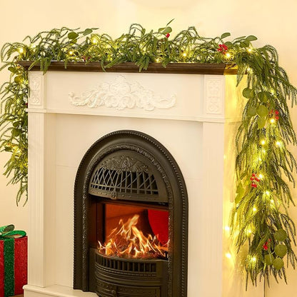 9FT Christmas Garland with Lights, Battery Operated Garland with Red Berries and Eucalyptus Leaves, Real Touch Artificial Prelit Garland for Mantle, Fireplace, Table, Stairs & Christmas Decorations