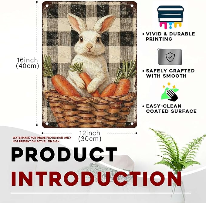 Charming Easter Bunny Metal Sign Vintage Checkered Basket Carrot Design Rustic Country Wall Art For Living Room Kitchen Office Spring Decor 12x16Inch