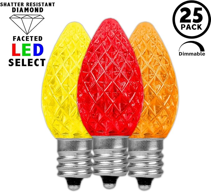 Novelty Lights 25pk Yellow/Red/Orange C7 LED Faceted Christmas Light Replacement Bulbs, Ultra Bright Dimmable Replacement Lamps for Indoor/Outdoor Light Strings