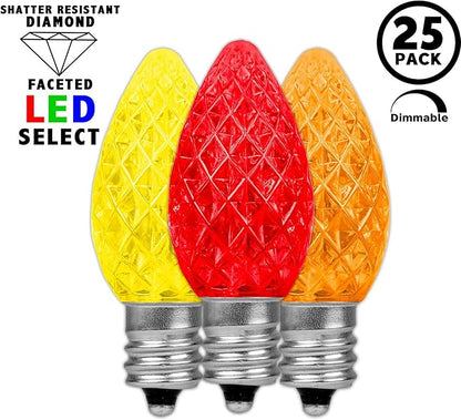 Novelty Lights 25pk Yellow/Red/Orange C7 LED Faceted Christmas Light Replacement Bulbs, Ultra Bright Dimmable Replacement Lamps for Indoor/Outdoor Light Strings