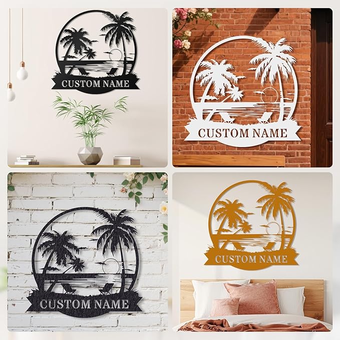 Custom Beach Metal Sign - Personalized Family Name Sign, Tropical Palm Trees Sign, Custom Last Name Sign, Beach Coastal Lake House Decor, Gift for Mother's Day, Housewarming Wedding Outdoor Patio Pool