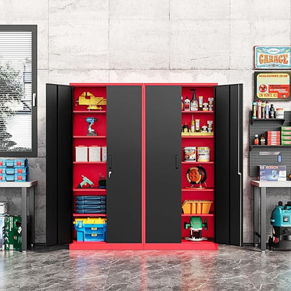 Metal Storage Cabinet-72” Tall Steel File Cabinets with Lockable Doors and Adjustable Shelves-Black&Red Steel Storage Cabinet for Home, School, Office, Garage
