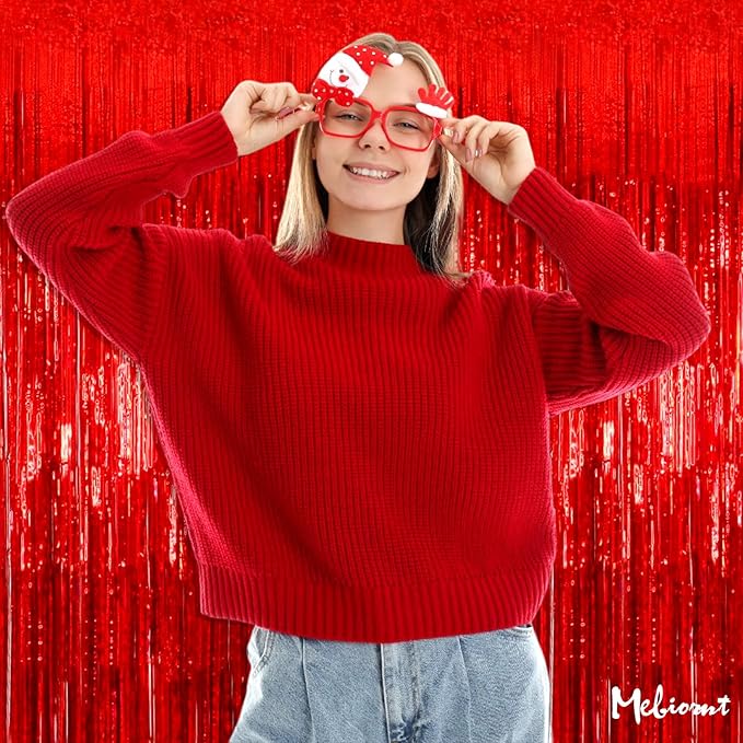 4 Pack 3.2Ft x 8.2Ft Red Fringe Curtain Backdrop, Sparkle Metallic Tinsel Foil Fringe Streamers Background for Photo Booth Birthday Wedding Baby Shower Halloween Christmas Party Decorations