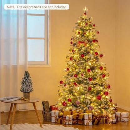 GOFLAME 6FT Pre-Lit Artificial Christmas Tree, Snow Flocked Xmas Tree with 765 Branch Tips, 280 Warm White LED Lights, 62 Pine Cones, Holiday Decoration Tree for Home Office Party