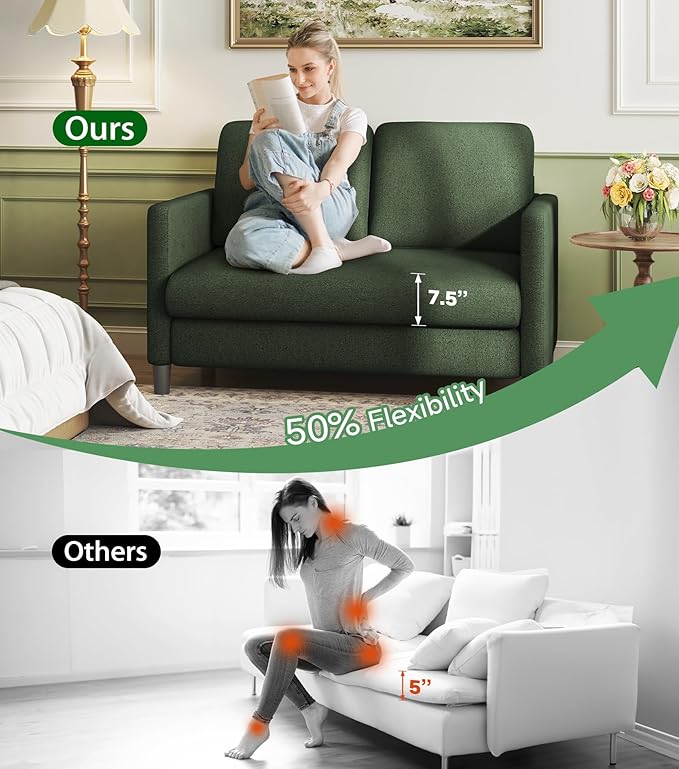 Loveseat Sofa, 51" Love Seat, Comfy Teddy Small Loveseat for Small Spaces, Tool-Free Setup Couch for Bedroom, All-Wood Couches for Living Room, No Pillow Included, Green