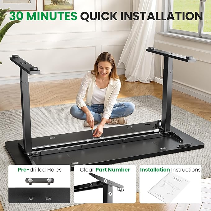 Electric Standing Desk Adjustable - 60x28 Inch Sit Stand Desk with 1 Inch Thick Tabletop, Double Beam Frame, 3 Memory Height Adjustment, Cable Management for Home Office