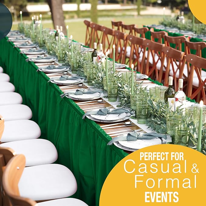Exquisite Ruffle Table Skirt Emerald Green 48 Pack 14 Ft Long Table Skirts for Rectangle Tables 6ft Plus or Round Tables Skirts with Adhesive Strip for Gender Reveal Decor & Happy Birthday Parties