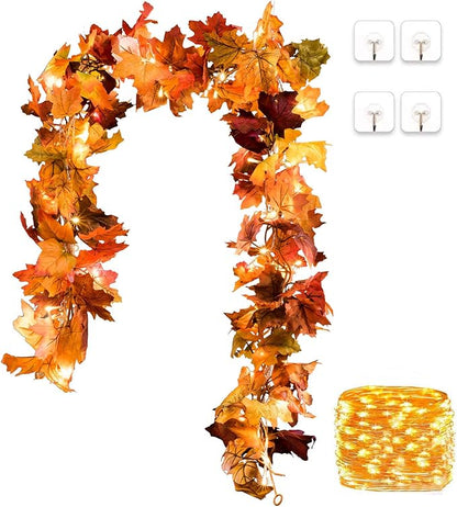 DearHouse 2 Pack Fall Maple Leaf Garland, 5.9Ft/Piece Hanging Vine With 16.4ft 40 Led String Light, Artificial Autumn Thanksgiving Decor for Home Wedding Fireplace Party