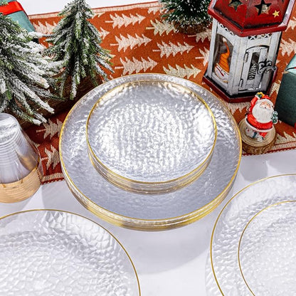 Rubtlamp 100Pcs Clear Gold Plastic Plates, Disposable Plates With Gold Rim, Heavy-duty Party Platos, Hammered Plastic Plates Include 50 Clear Dessert Platos, 50 Dinner Platos for Christmas