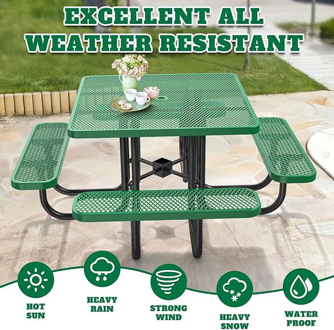 47'' Heavy-Duty Metal Picnic Tables with Umbrella Hole, Outdoor Steel Heavy Duty Commercial Grade Black Table, Outdoor Bench Set for Lawn, Patio, Park, Yard, Garden, Porch (Set C, Square)