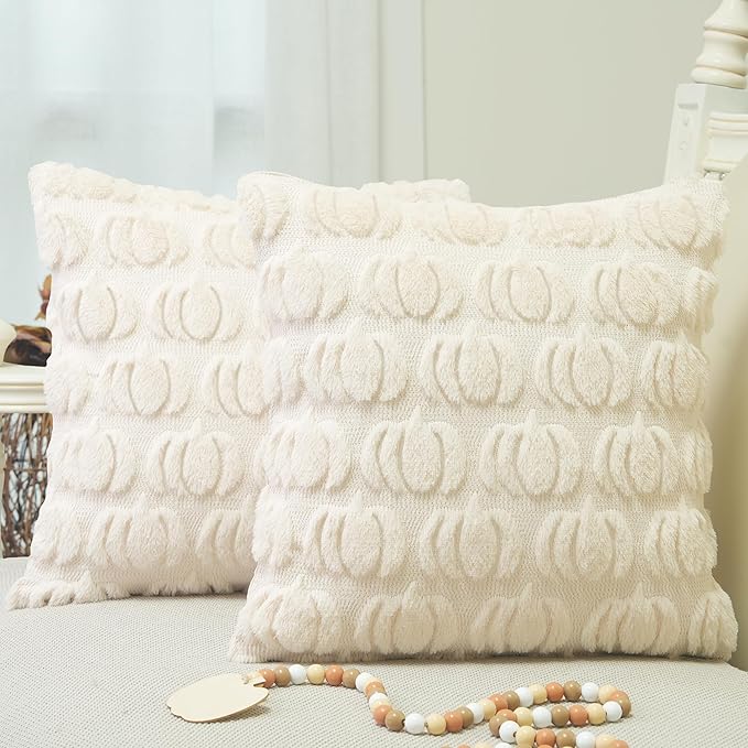 GEEORY Fall Pillow Covers 18 x 18 Inch Set of 2, Fall Decorations Pumpkins Soft Plush Fluffy Faux Fur Wool Decorative Autumn Thanksgiving Farmhouse Cushion Case for Sofa Beige GC002-18