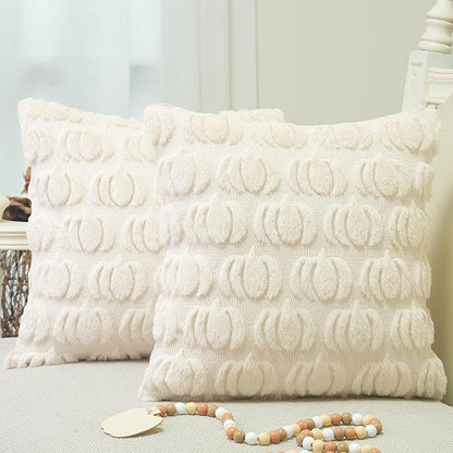 GEEORY Fall Pumpkin Throw Pillow Covers 16x16 Inch Set of 2, Autumn Soft Plush Faux Fur Wool Decorative Farmhouse Holiday Cushion Case for Home Decoration (Beige) GC002-16