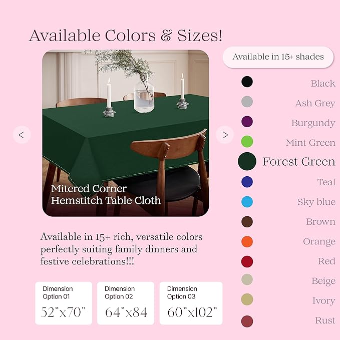 Forest Green Cotton Tablecloth, Table Cover 52x70 Inch, Fits 4-6 Seats, Soft, Durable, Washable, Wrinkle Resistant, Rectangle Table Cloth for Dining, Christmas, Winter Celebrations