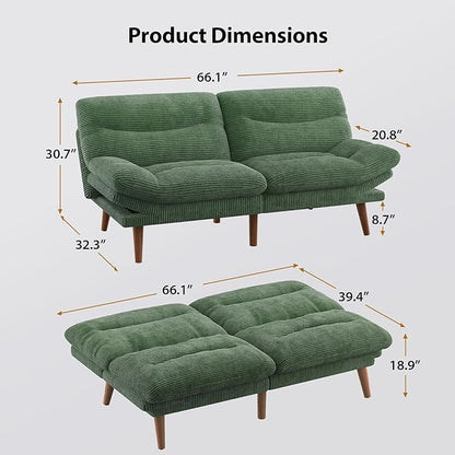 Pipishell Futon Sofa Bed, 66 Inch Corduroy Futon Couch Convertible with Adjustable Backrest and Armrests, Recliner Sleeper Sofa for Small Spaces, Living Room, Office, Guest Room (Green, 66 Inch)