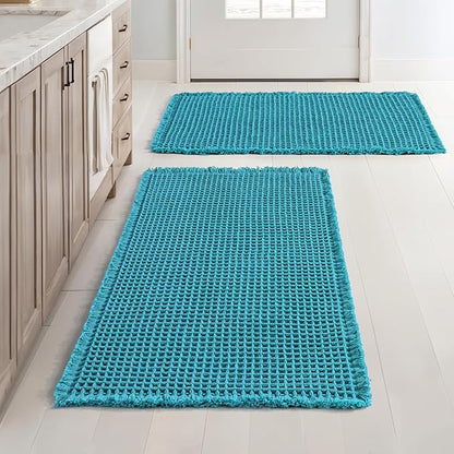 MIULEE Set of 2 Waffle Bathroom Rugs, Boho Bath Rugs Non Slip Washable, Super Absorbent Bath Mats, Ultra Soft Rubber Backed Shower Mats for Bathroom Floor, Tub and Shower, Teal, 18x30 Inch