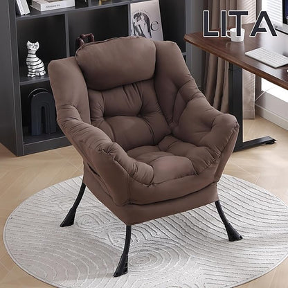 LITA Lazy Chair with Armrests and Side Pocket, Modern Upholstered Accent Reading Chair for Living Room, Bedroom, Dorm, Small Spaces, Single Dark Brown