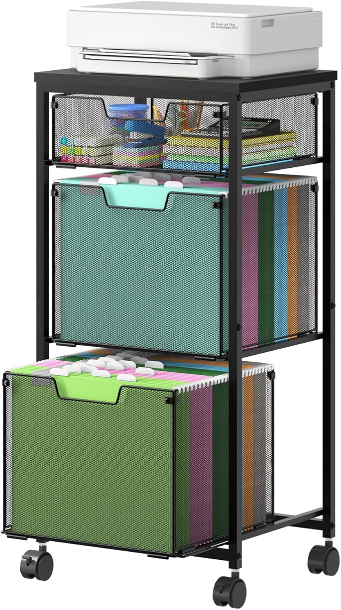 3 Drawer Mobile File Cabinet for Home Office, Rolling Filing Cabinet on Lockable Wheels, Hanging File Folders Organizer, Utility Cart Storage and Organizer, Printer Stand, Black