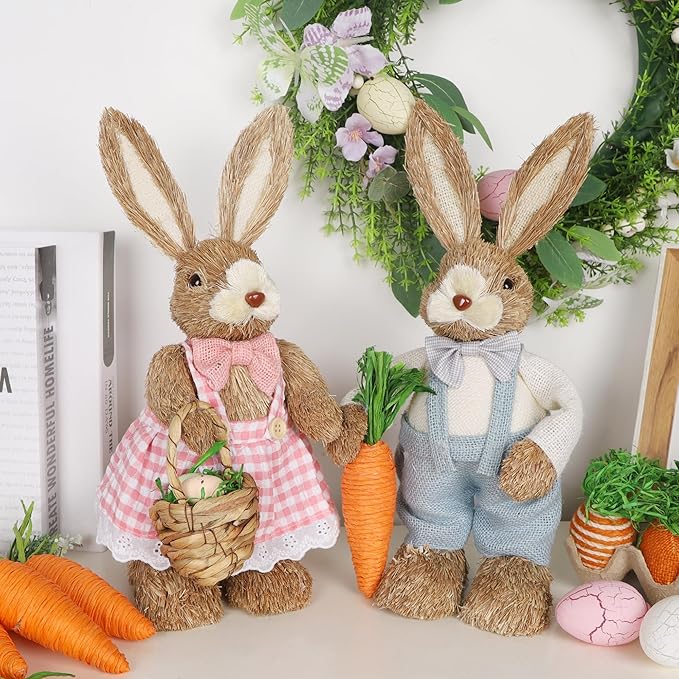 DR.DUDU Set of 2 Easter Decorations for Home- 14" Sisal Bunny Figurines with Carrot & Egg, Spring Straw Bunny Couple Farmhouse Centerpieces for Tables, Easter Rabbits Decor