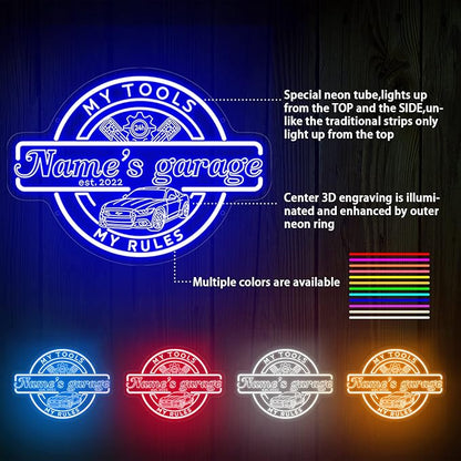 Custom Garage Neon Sign for Wall Decor, Personalized Garage LED Sign, Customizable Your Name Est Year Theme Workshop Man Cave Neon Light Signs, Garage Light Up Sign for Men Dad Gift