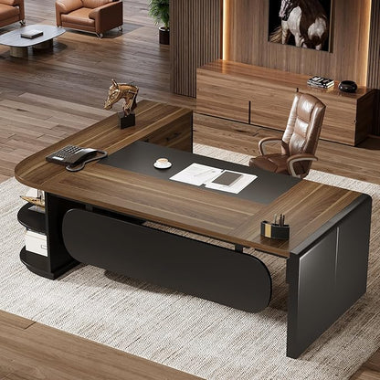 Tribesigns 80'' L-Shaped Desk Set of 4, Large Executive Office Desk with 55'' Drawers Cabinet, Modern Computer Table with Storage Shelves, Business Furniture for Office, Brown