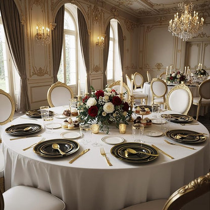350 Pieces Black & Gold Disposable Plates for 50 Guests, Disposable Plastic Plates, Dinnerware Set of 50 Dinner Plates, 50 Salad Plates,50 Cups and 50 Paper Napkins, for Party, Wedding