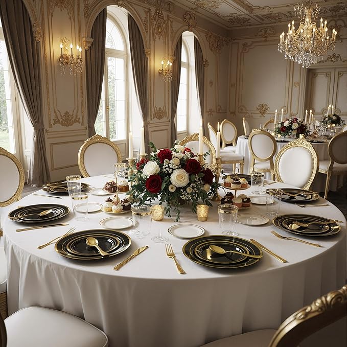 175 Pcs Black Gold Disposable Plates for 25 Guests, Disposable Plastic Plates, Dinnerware Set Include 25 Dinner Plates, 25 Salad Plates,25 Cups, 25 Paper Napkins for Party, Wedding