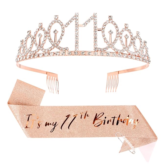 CIEHER 11th Birthday Crown + 11th Birthday Sash + Pearl Pin Set, It's My 11th Birthday Sash, 11 Birthday Tiara, 11th Birthday Decorations for Girls, 11th Birthday Gifts