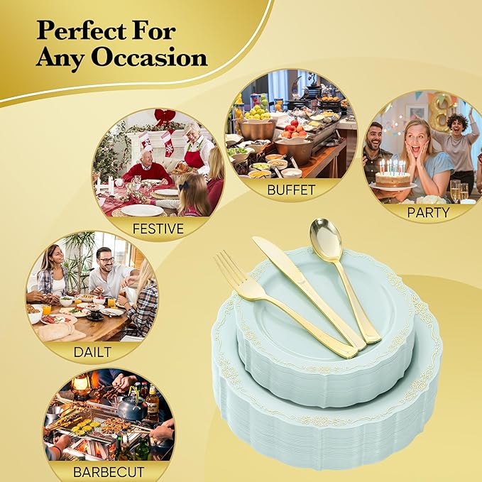 Fijinhom175 PCS Green Disposable Plates, Elegant Dinnerware Set for 25 Guests, 50 Plastic Plates, 75 Silverware, 25 Cups & 25 Paper Napkins, Green