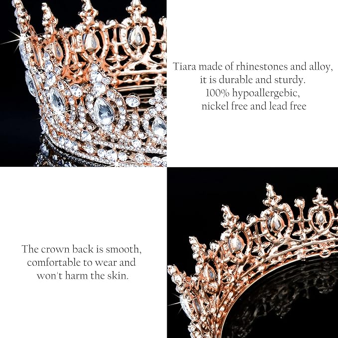 COCIDE Queen Crown for Women Rose Gold Crystal Tiara and Crown for Girl Rhinestones Hair Accessories for Wedding Bride Birthday Party Prom Bridal Bridesmaid (Clear Crystal + Rose Gold Tiara)