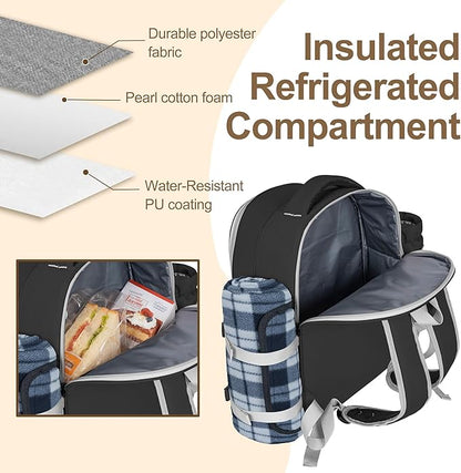 Picnic Backpack for 4 Persons with Insulated Leakproof Cooler Compartment, Cutlery Sets, Wine Holder, Fleece Blanket, Wedding Gifts for Couples, Perfect for Beach, Camping, Hiking, Black