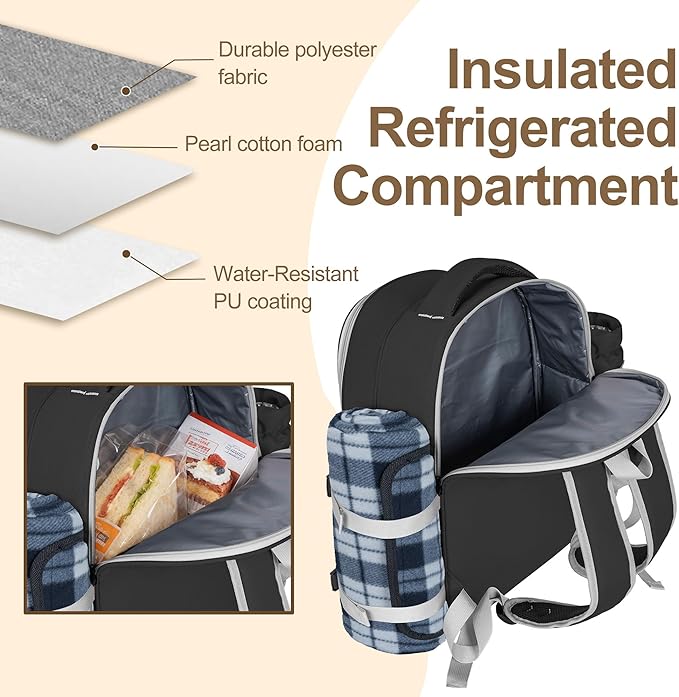 Picnic Backpack for 2 Persons with Insulated Leakproof Cooler Compartment, Cutlery Sets, Wine Holder, Fleece Blanket, Wedding Gifts for Couples, Perfect for Beach, Camping, Hiking, Black