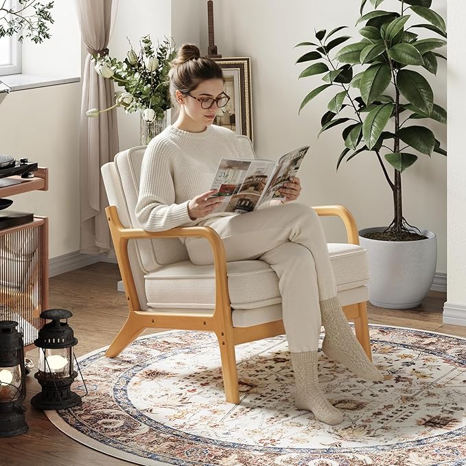 Mid-Century Accent Chair Set of 2 with Solid Wood Frame, Reading Relaxing Armchair Lumbar Pillow& Soft Cushion, Leisure Chair for Living Room, Bedroom, Waiting Room-Beige