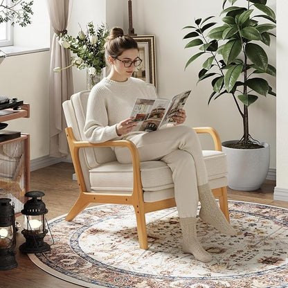 Mid-Century Accent Chair Set of 2 with Solid Wood Frame, Reading Relaxing Armchair Lumbar Pillow& Soft Cushion, Leisure Chair for Living Room, Bedroom, Waiting Room-Beige