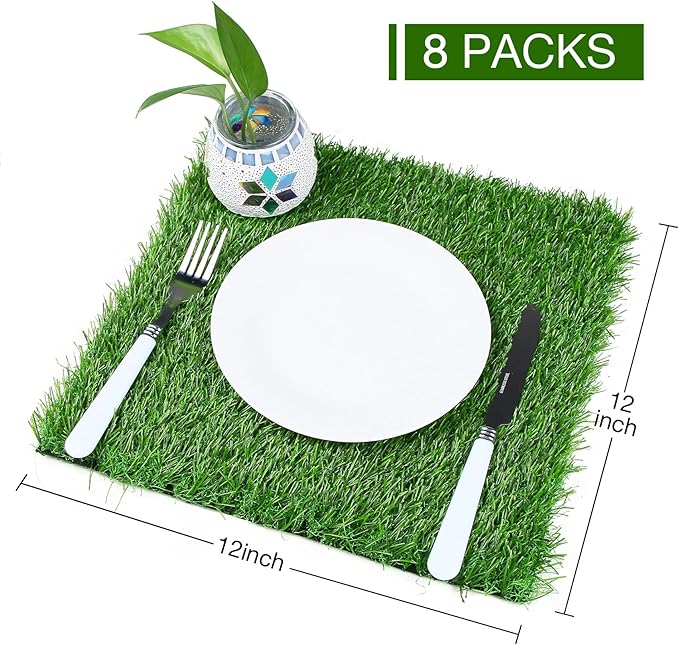 XLX TURF Artificial Grass Table Placemats Set of 8 Green Christmas Table Centerpiece Decor Football Golf Theme Birthday Square Turf Mat Baby Shower Wedding