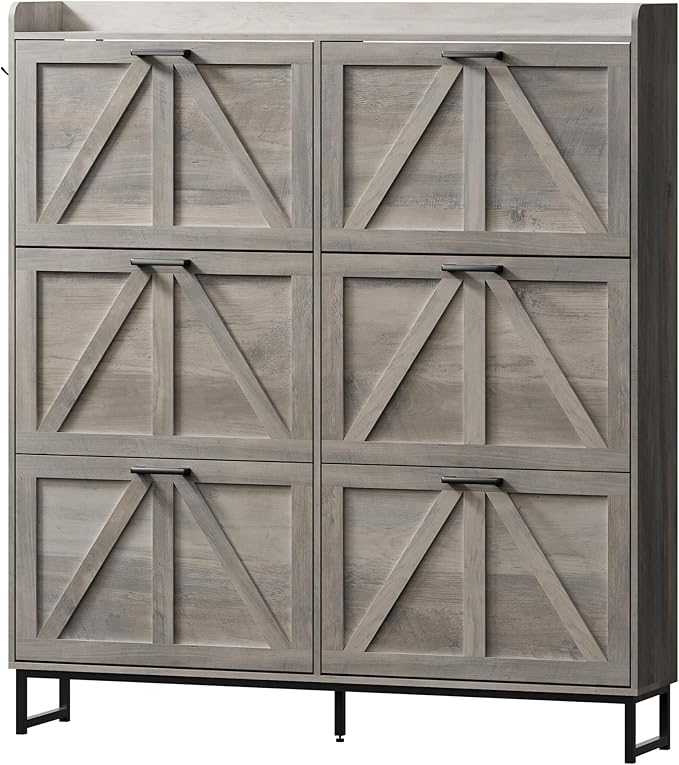 Shoe Cabinet with 6 Flip Drawers Narrow Shoe Storage Cabinet Organizer Wooden Freestanding Shoe Rack Hidden Slim Shoes Storage Cabinet for Entryway, Hallway, Living Room, Bedroom