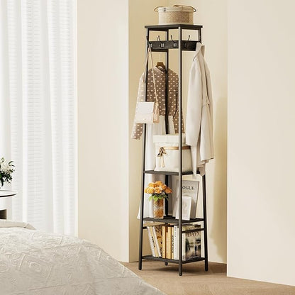 Coat Rack Freestanding, Coat Stand with 3 Shelves and 7 Hooks, Hall Tree Free Standing, Clothes Rack Stand Organizer for Bedroom, Hallway, Entryway, Living Room, Industrial Style, Black
