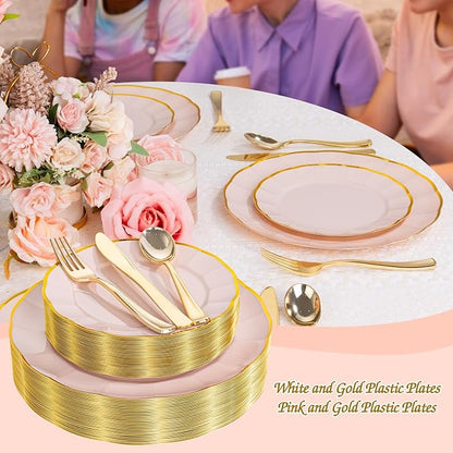 EI 150pcs Pink Plastic Plates with Gold Plastic Silverware,Pink Party Plates,Heavy Duty Plate Disposable,Gold Dinnerware Set for Birthday, Afternoon Tea,Wedding