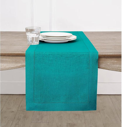 Solino Home Linen Table Runner 120 Inches Long - 100% Pure Linen Teal Table Runner 14 x 120 Inch for Fall, Autumn, Christmas, New Year - Classic Hemstitch