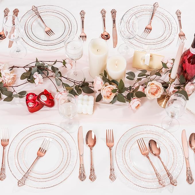 90 Pieces Rose Gold Plastic Silverware - Heavy Duty Disposable Utensils - Fancy Gold Plastic Cutlery Set Includes 30 Forks, 30 Spoons, 30 Knives for Dinner Parties Weddings